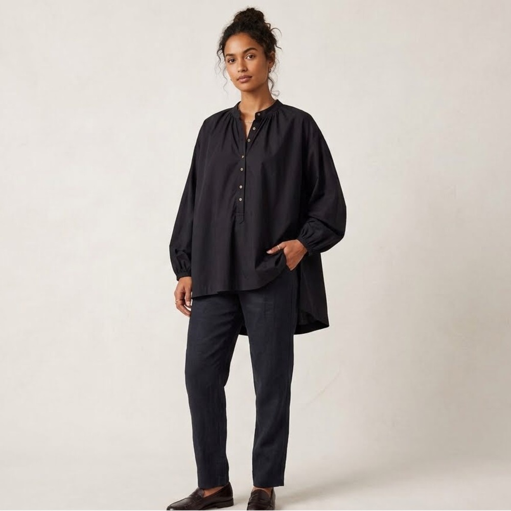 Free People Oversized Black Balloon-Sleeve Popover